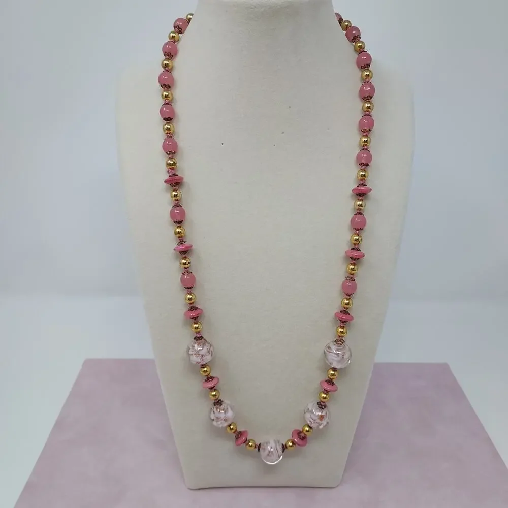 Vintage Pink Art Glass Mixed Bead Necklace Hand Knotted Gold Tone Push Clasp 23